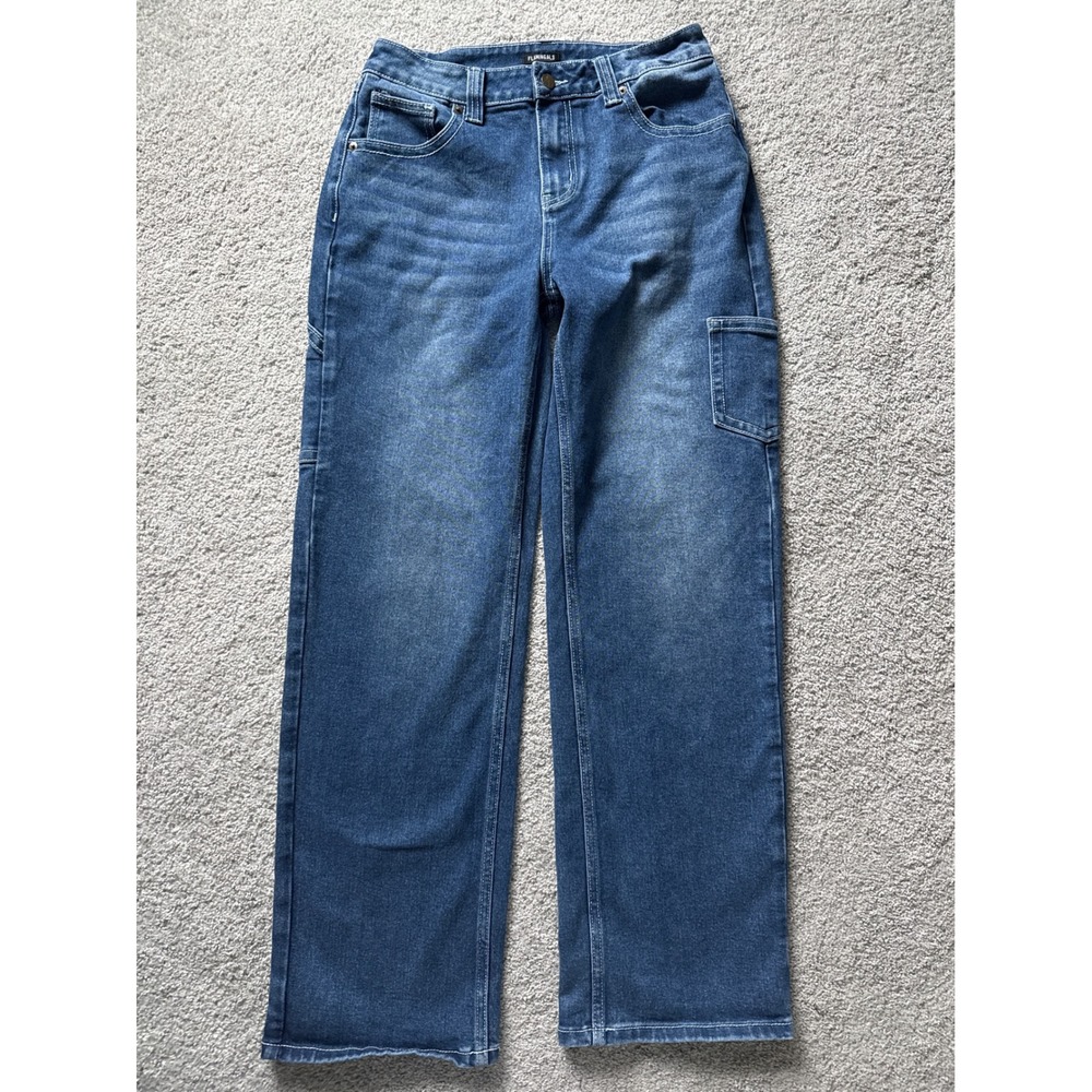 Flamingals Women Medium Wash Carpenter Jeans Wide Leg Cargo Size L Blue 28x30